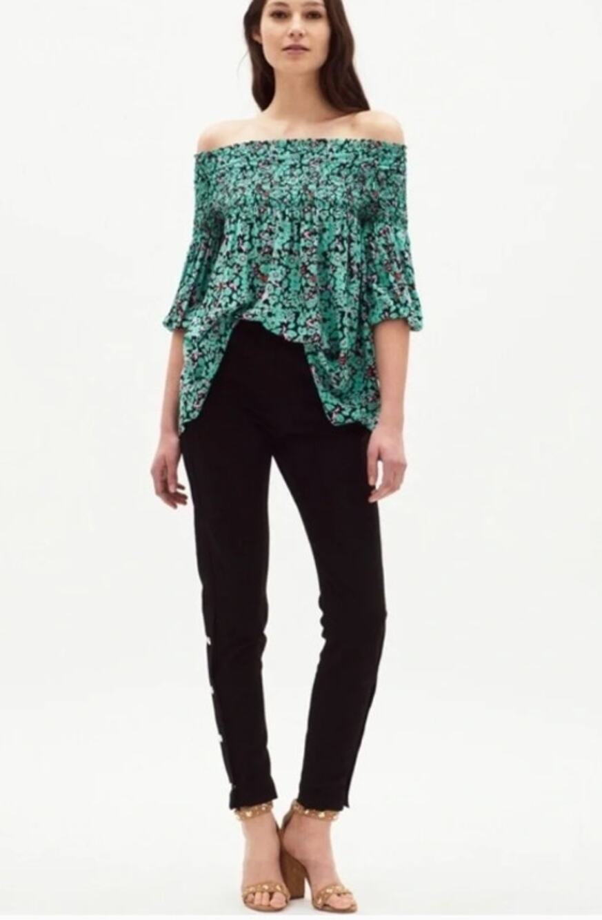 Maje Lafine green floral off-the-shoulder smocked top size small (1)